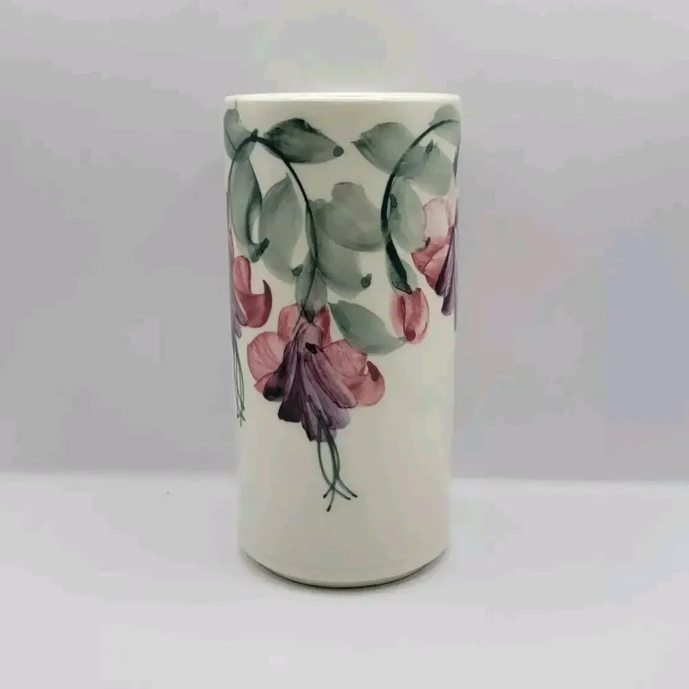 Linden Hills Pottery Signed Fuchsia Floral Cylindrical 6